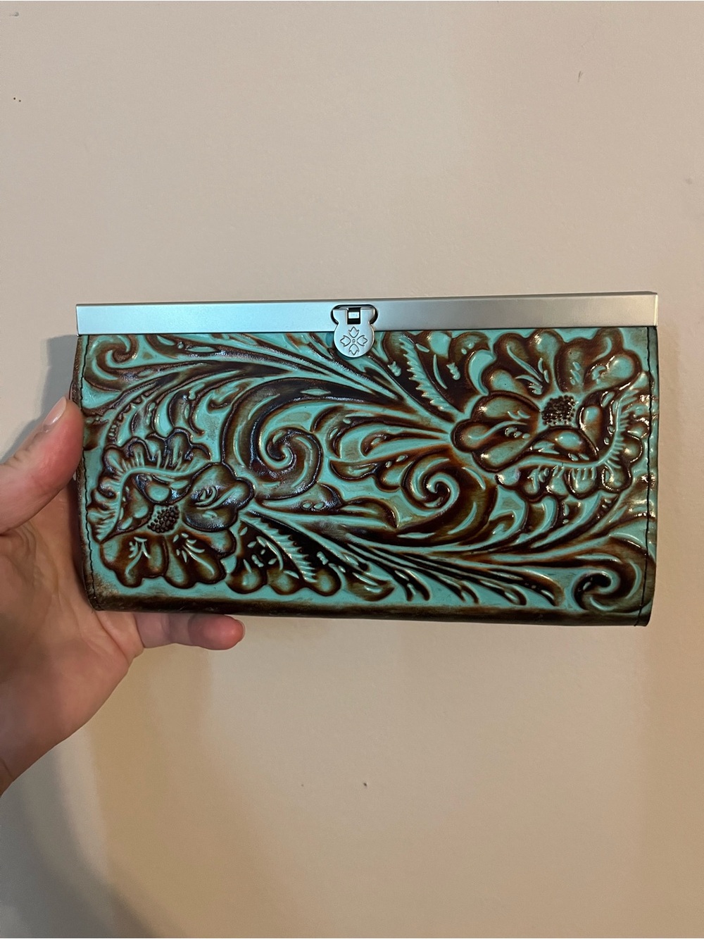 Patricia Nash Turquoise Floral Leather Clutch Wallet-NWT